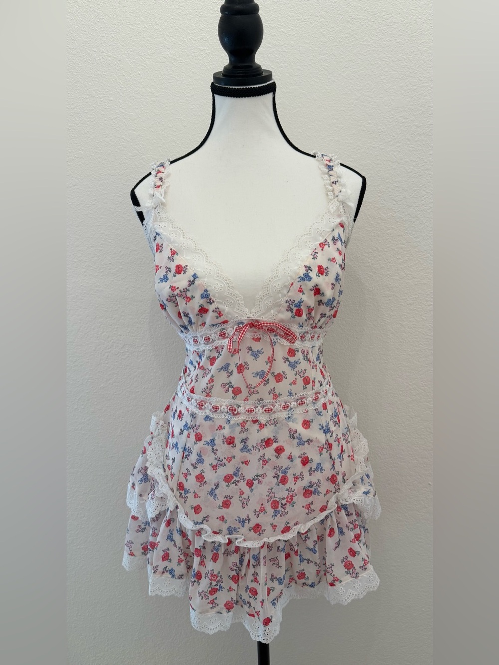 For Love & Lemons White Floral Lace Mini Dress with Red & Blue Print